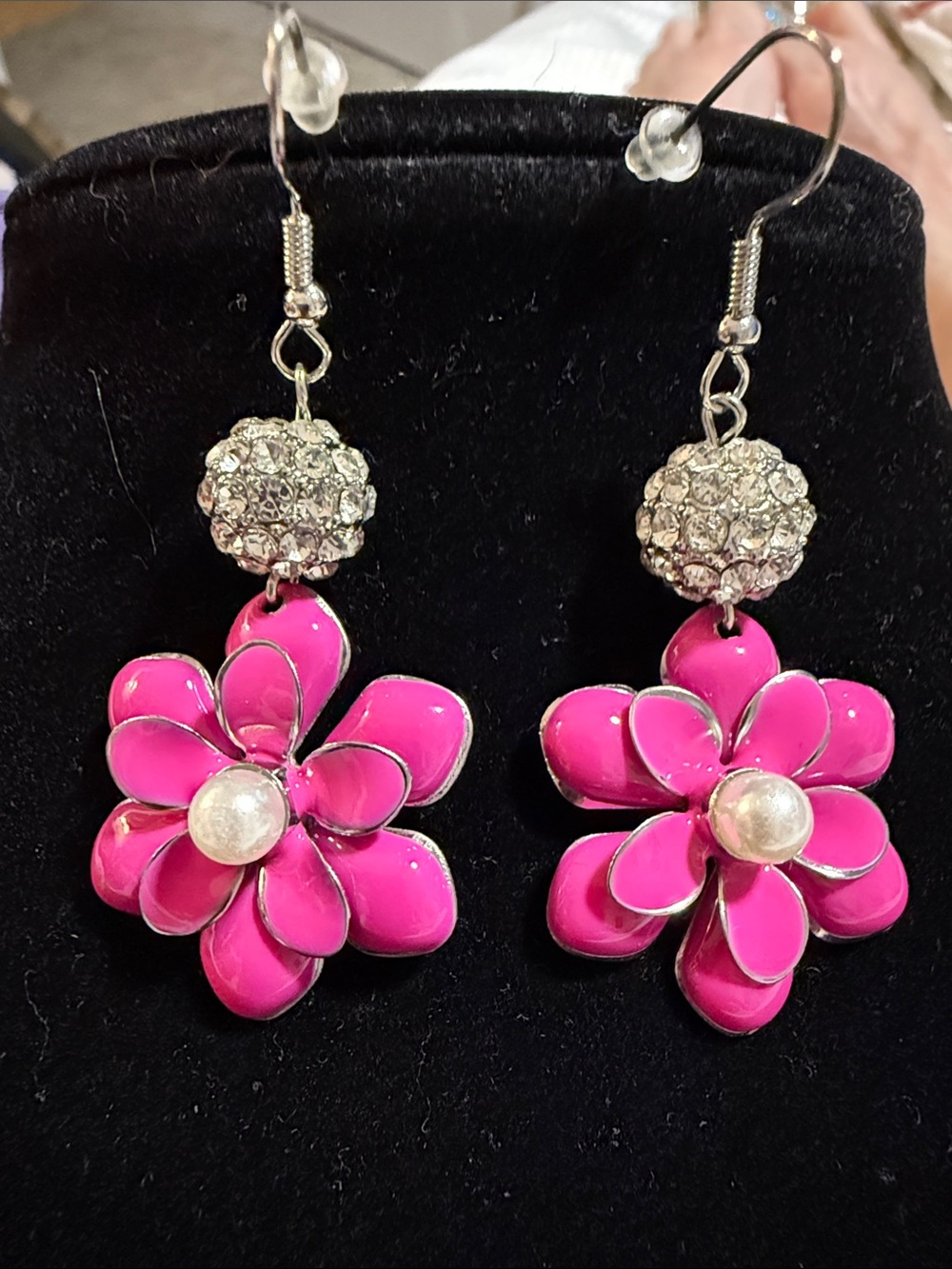 New Women’s 2.5” Pink Floral Drop Glitz Earrings with Pearl Accent